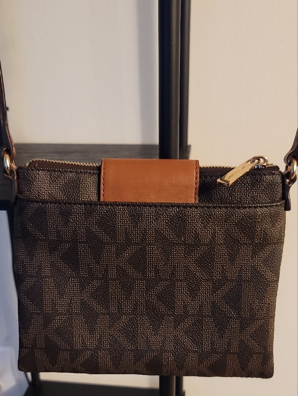 Michael Kors Brown Logo Crossbody with Tan Leather Flap and Gold MK Emblem - Picture 5 of 16